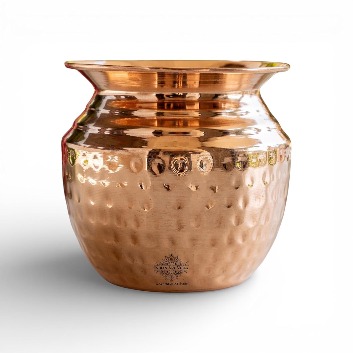Pure Copper Pooja Kalash Lota with Om, Swastik & Shree Embossed with Stitched Neck Design, for Poojan Worship Temple Home, Volume- 480 ML