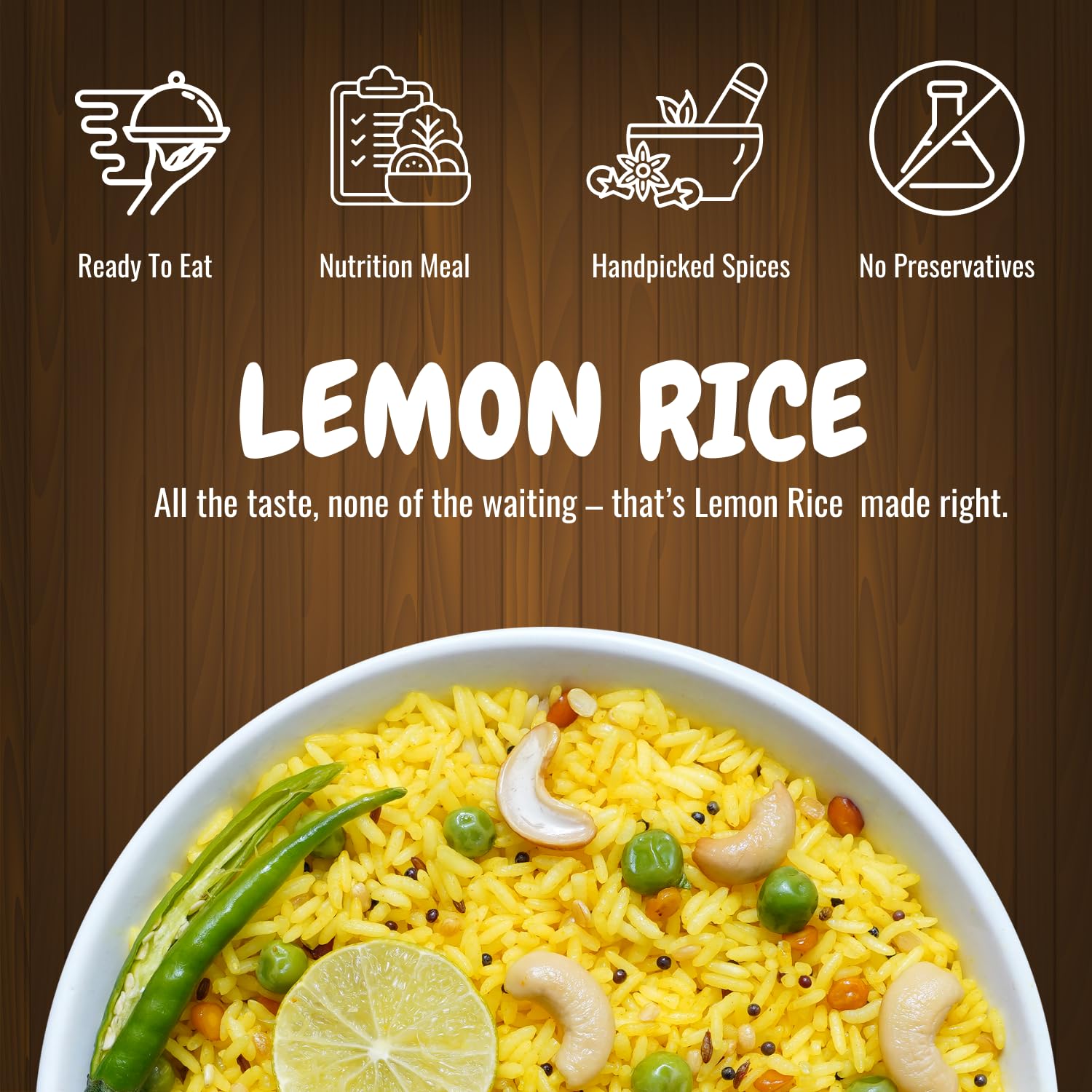 Lemon Rice | South Indian Style Tangy & Spiced Rice with Curry Leaves & Mustard Seeds | Authentic Flavoured Rice | Heat & Eat Meal | No Preservatives | 250g