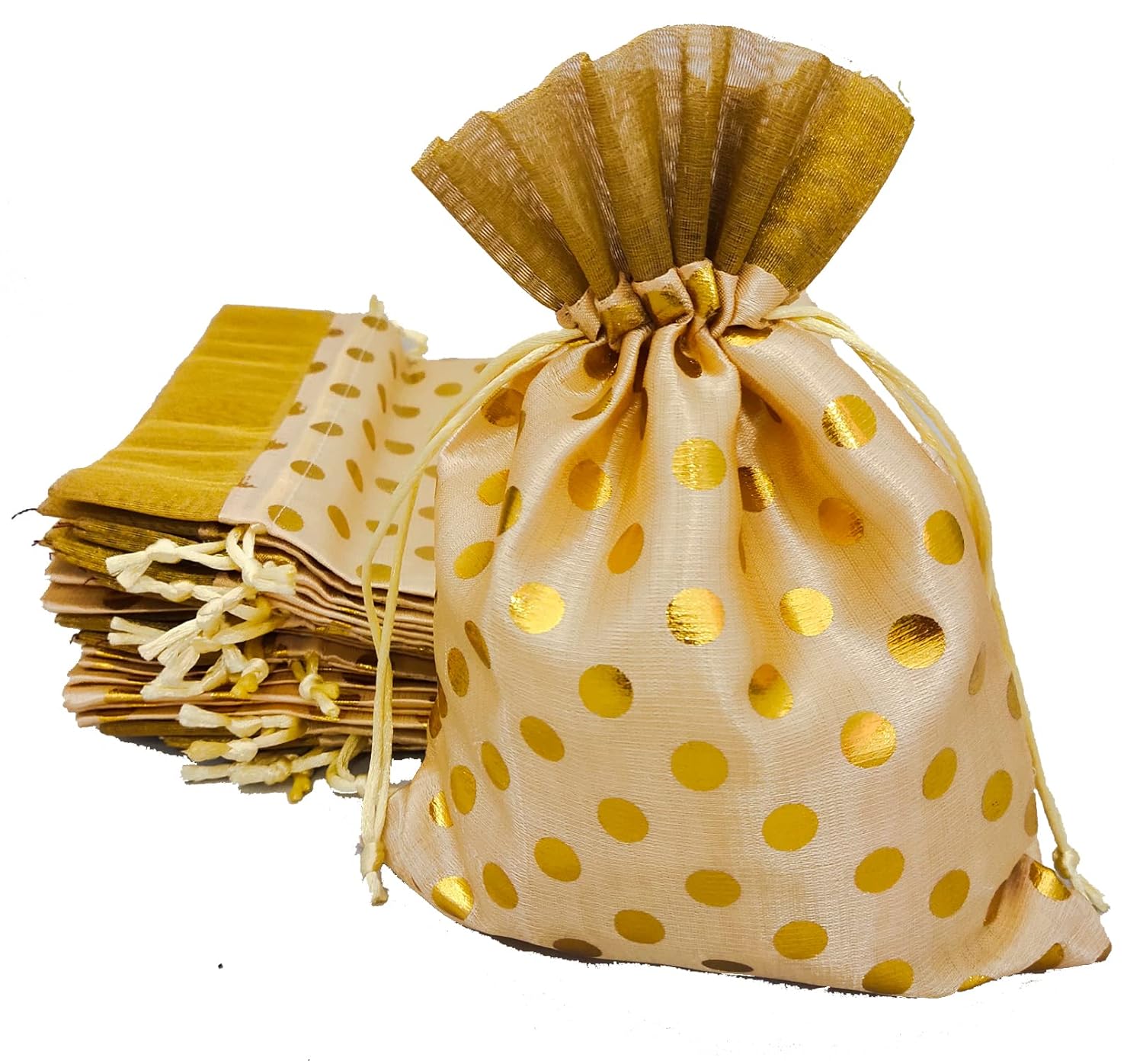 Fabric 17Cm X 24Cm Large Polka Dot Drawstring Bags Pouches Potli For Gift Wedding Jewelry Packaging Bridal Favors For Women (10Pc Set, Cream Color With Golden Dot)