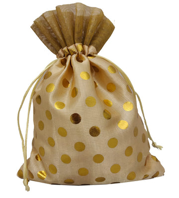 Fabric 17Cm X 24Cm Large Polka Dot Drawstring Bags Pouches Potli For Gift Wedding Jewelry Packaging Bridal Favors For Women (10Pc Set, Cream Color With Golden Dot)