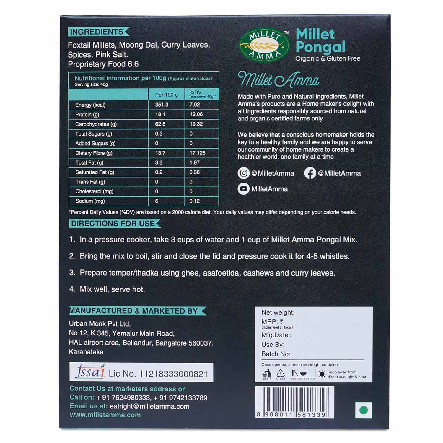 CERTIFIED ORGANIC Millet Pongal Mix | 250 GMS Pack | 58% Millet Content | Easy & Ready to Cook | Instant Millet Breakfast Mix | Rich in Protein & High Fiber | 100% Vegan |