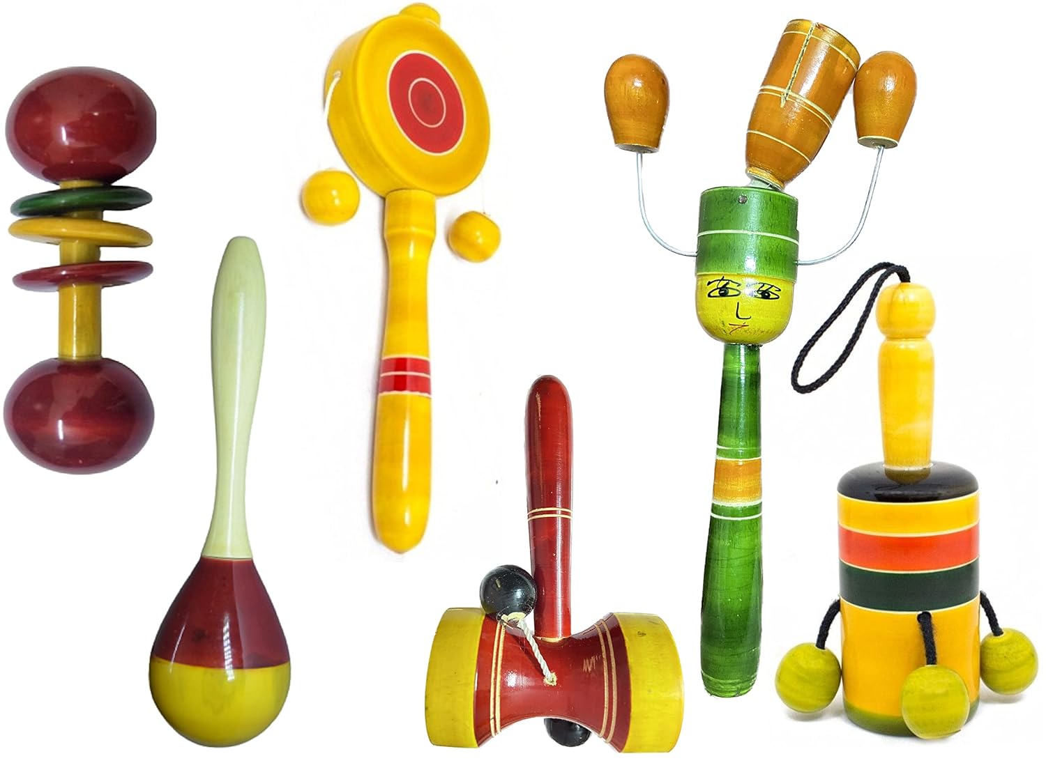 Wooden Baby Rattles Combo Pack Set of 6, Non Toxic Channapatna Toys - Baby Musical Toys, Teether, Natural Colours, Loud Sound for New Born, Baby, Infants.