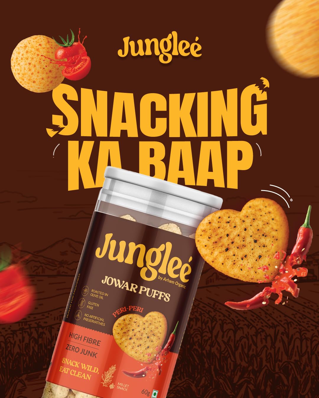 Jungleé Jowar Cheese Puffs 60g – Gluten-Free, High Fiber, Roasted with Olive Oil | No Palm Oil, No Preservatives | Healthy Crunchy Snack for Kids & Adults