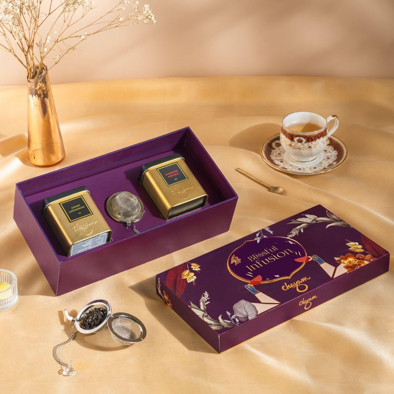 Tea Gift Set with Infuser | 2 Loose Leaf Tins – Kashmiri Kahwa & Ginger Lemongrass (50g Each) | Soothing Green & Herbal Fusion | Tea Gift Pack for Tea Lovers | Wedding, Anniversary & Birthday Gift