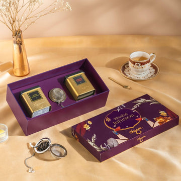 Tea Gift Set with Infuser | 2 Loose Leaf Tins – Kashmiri Kahwa & Ginger Lemongrass (50g Each) | Soothing Green & Herbal Fusion | Tea Gift Pack for Tea Lovers | Wedding, Anniversary & Birthday Gift