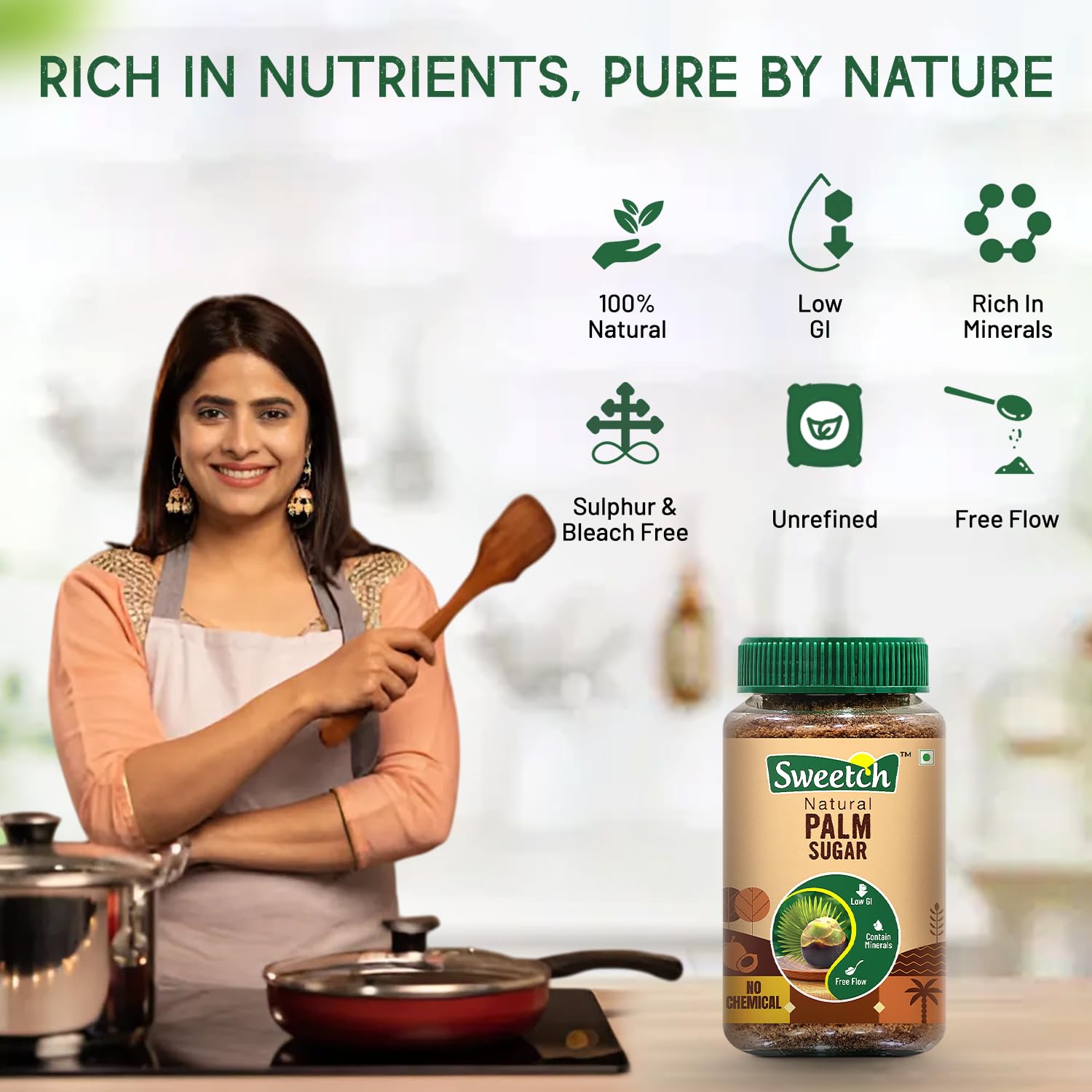Natural Palm Sugar 350 gm Jar Natural Healthy Replacement for Sugar, Contain Minerals, Low GI, No Chemical & Free Flow | For Baking & Cooking (Pack of 1)