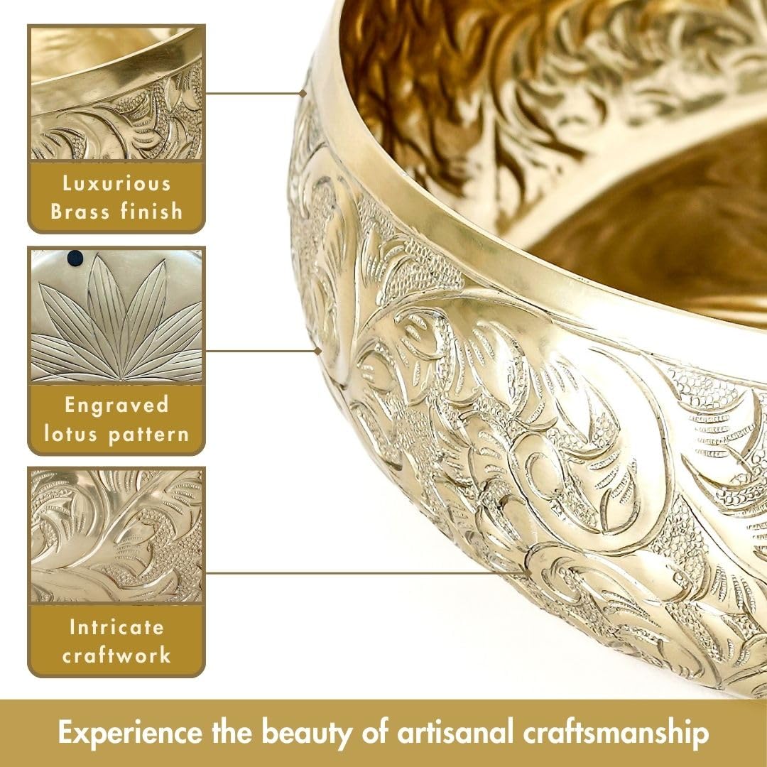 Golden Aluminium Chitai Design 10" inch Urli | Navratri Durga Puja Indoor Outdoor Center Table Flower Decorative Bowl | Urali for Haldi, Mehandi, Wedding & Home Decor, Brass Finish 1Pc, 2000 ml