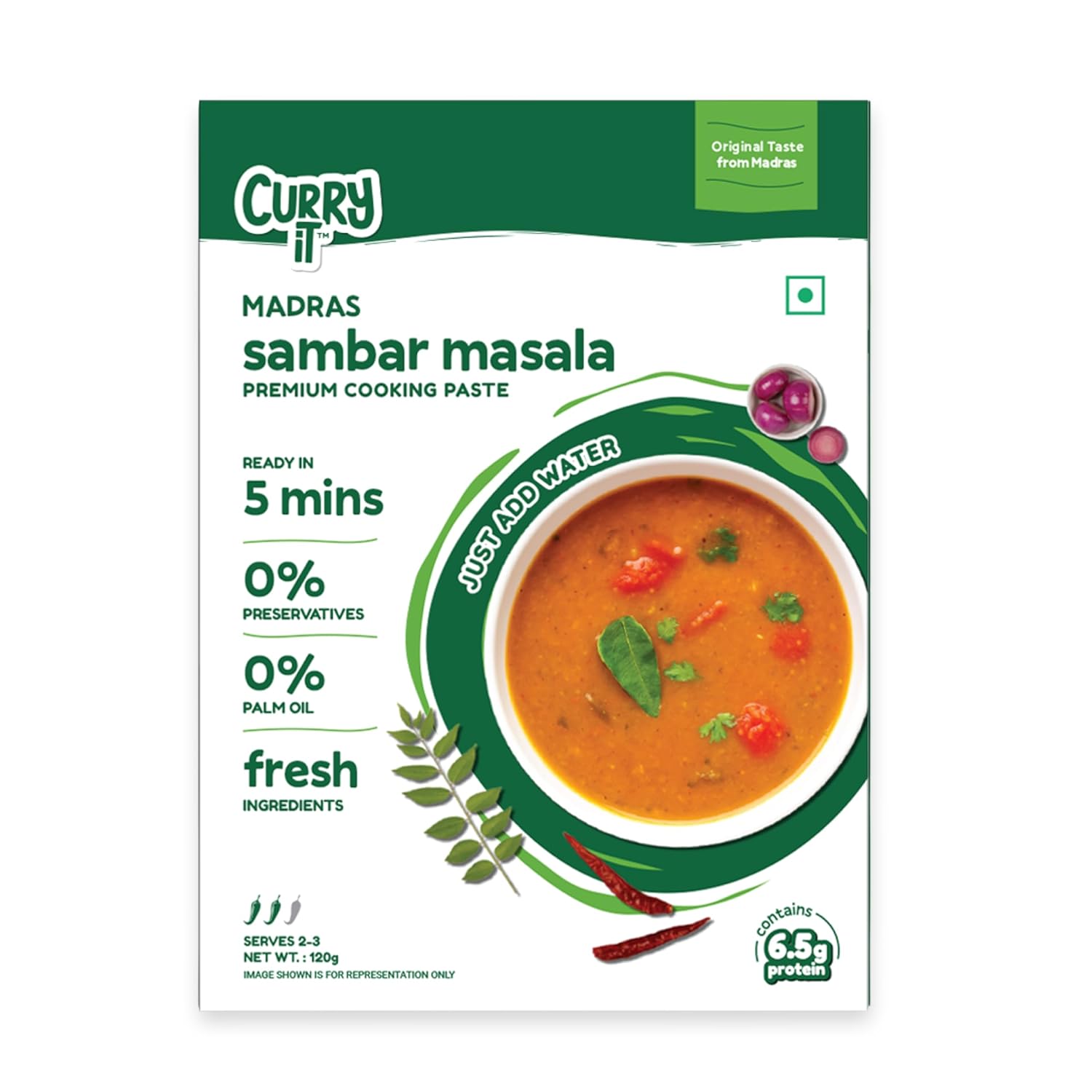Madras Sambar Masala Paste | Ready in 5 Mins | Just Add Water and Cook | 100% Fresh Ingredients | No Palm - No Preservatives | Ready to Cook Instant Sambhar Masala Mix | Authentic South Indian Recipe | 120gm