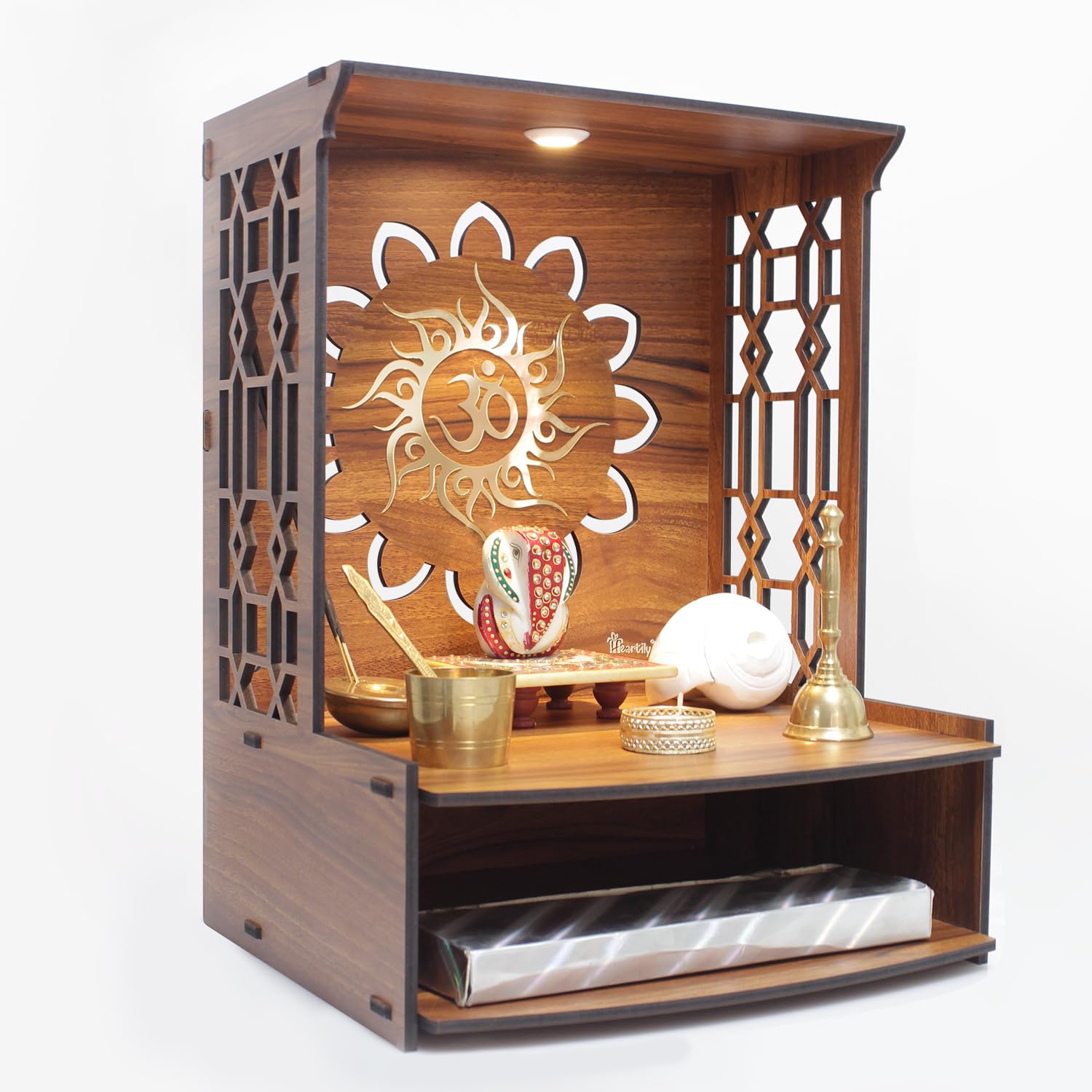 Mangal Beautiful Wooden Pooja Stand for Home, Temple, Office, Wall Mounted Puja Mandir with LED Spot Light, Size (H- 15.5, L- 11.5, W-11 Inch)