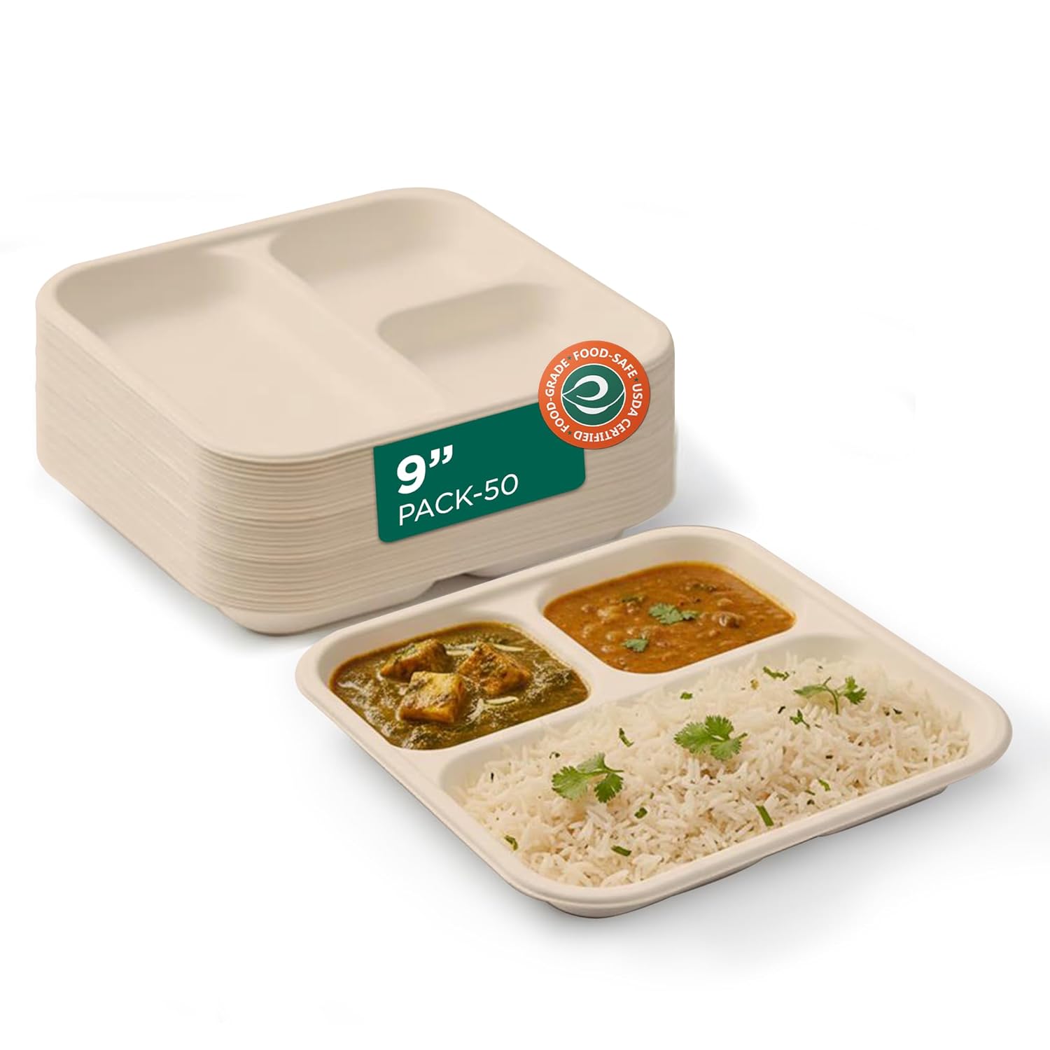 3 Compartment Bagasse Meal Tray | 9 Inch - Pack of 50 | Disposable Pooja Plates Big Size | Sturdy, Compostable & Heat-Safe | Perfect for Parties, Events & Buffets