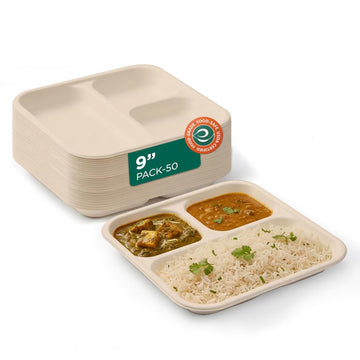 3 Compartment Bagasse Meal Tray | 9 Inch - Pack of 50 | Disposable Pooja Plates Big Size | Sturdy, Compostable & Heat-Safe | Perfect for Parties, Events & Buffets
