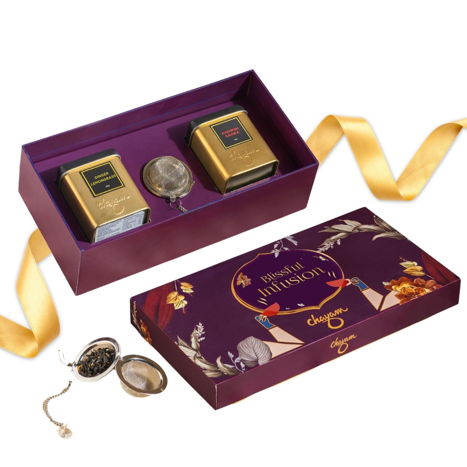 Tea Gift Set with Infuser | 2 Loose Leaf Tins – Kashmiri Kahwa & Ginger Lemongrass (50g Each) | Soothing Green & Herbal Fusion | Tea Gift Pack for Tea Lovers | Wedding, Anniversary & Birthday Gift