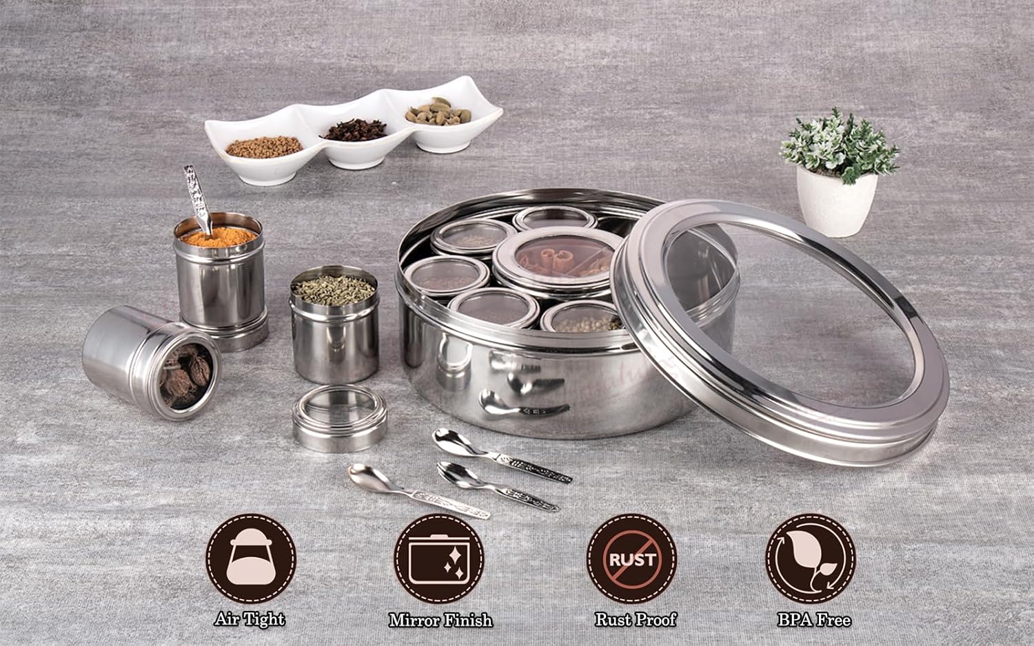 Stainless Steel 12 IN 1 Masala Box for Kitchen | Spice Box for Kitchen | Masala Container | Masala Dabba with individual See through lid 4 Spoons | Silver (2.5 Ltr | X-Large | 22.5cm)