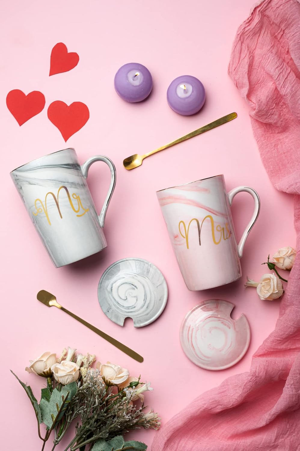 Ceramic Marble Finish Coffee Mug With Lid & Spoon For Anniversary Wedding Engagement Valentine Gifts For Couple 380 ML