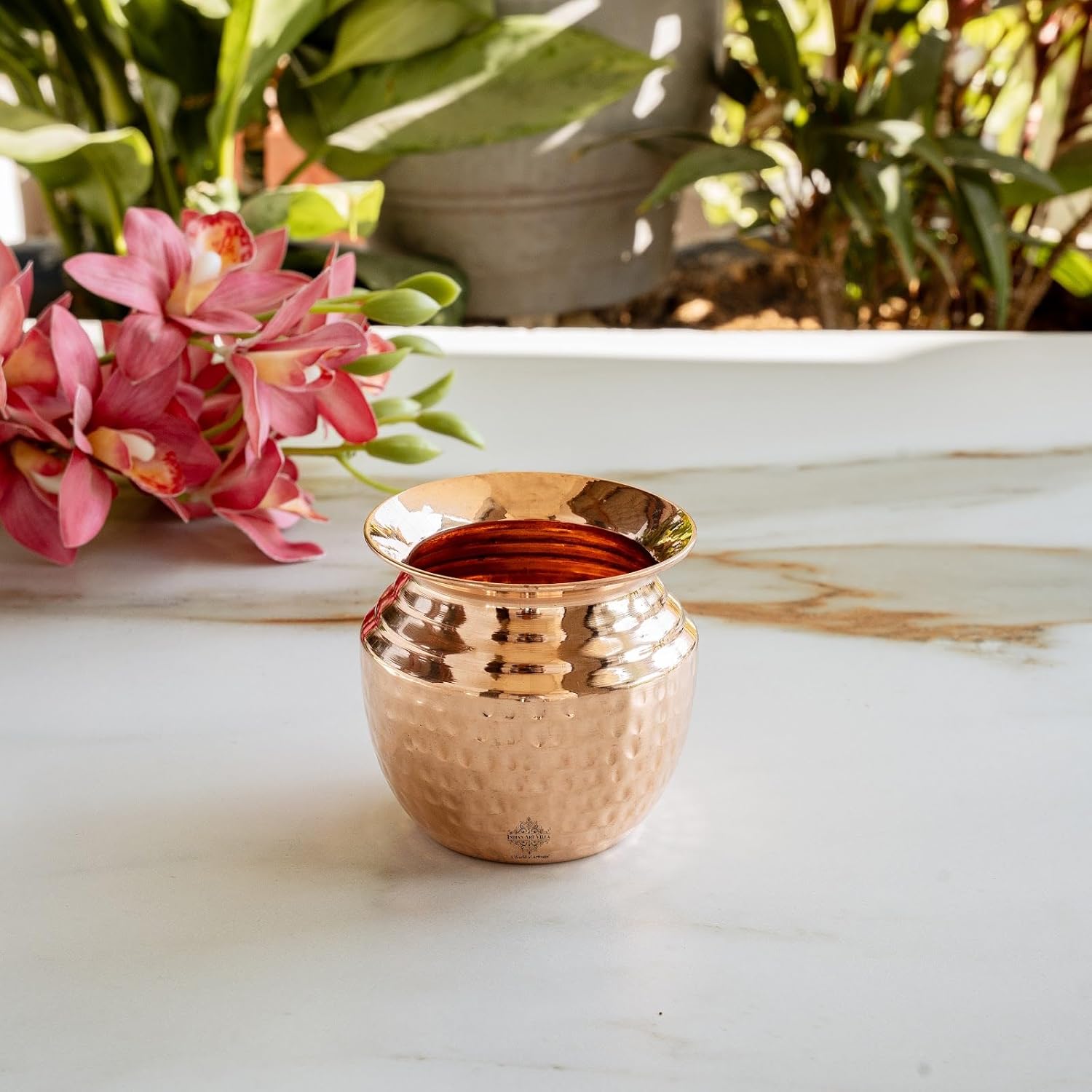 Pure Copper Pooja Kalash Lota with Om, Swastik & Shree Embossed with Stitched Neck Design, for Poojan Worship Temple Home, Volume- 480 ML