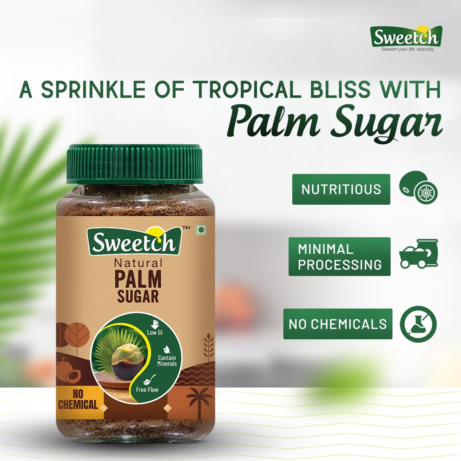 Natural Palm Sugar 350 gm Jar Natural Healthy Replacement for Sugar, Contain Minerals, Low GI, No Chemical & Free Flow | For Baking & Cooking (Pack of 1)