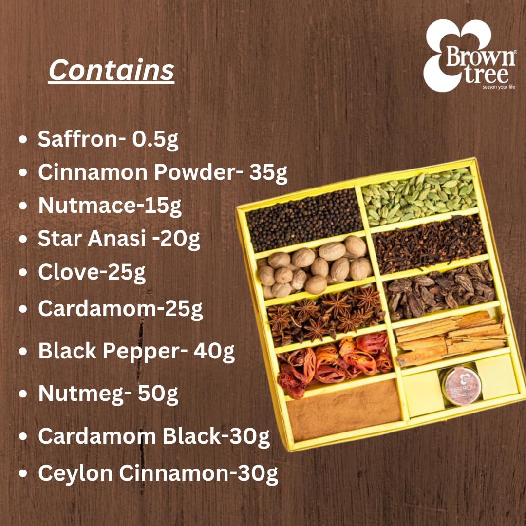 Spice Gift Pack-270.5g| Indian Spice Collection | Premium Assorted Indian Spices – Saffron, Cloves, Cinnamon, Cardamom, Black Pepper, Cinnamon Powder, Anasi Pu, Cardamom Black | Ideal Festive Gift Set| Masala Box For Kitchen
