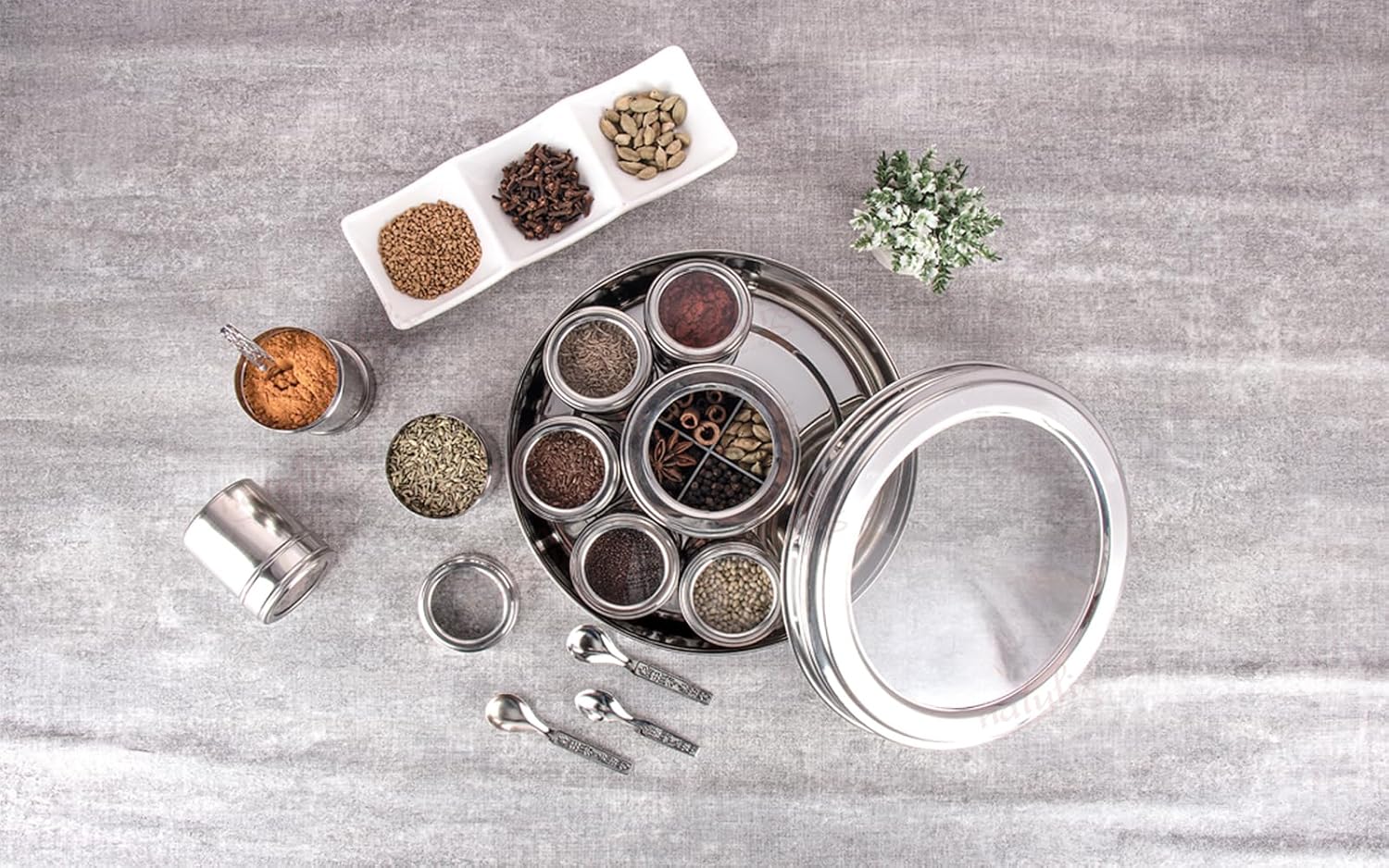 Stainless Steel 12 IN 1 Masala Box for Kitchen | Spice Box for Kitchen | Masala Container | Masala Dabba with individual See through lid 4 Spoons | Silver (2.5 Ltr | X-Large | 22.5cm)