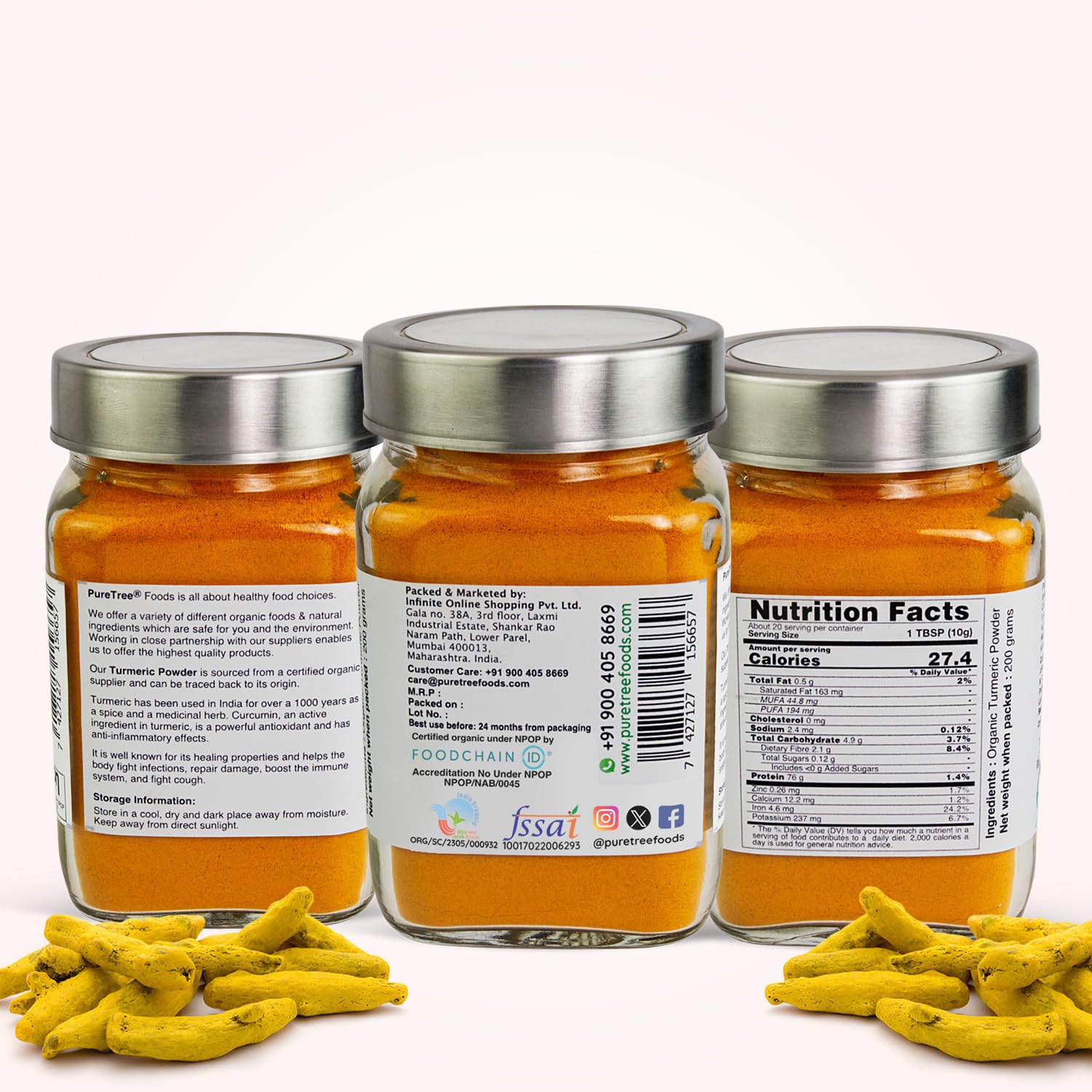 Tree Certified Organic Haldi Powder | 200 g | Glass Jar | Turmeric Powder | Spice Masala Powder Raw for Milk | Strong Antioxidant