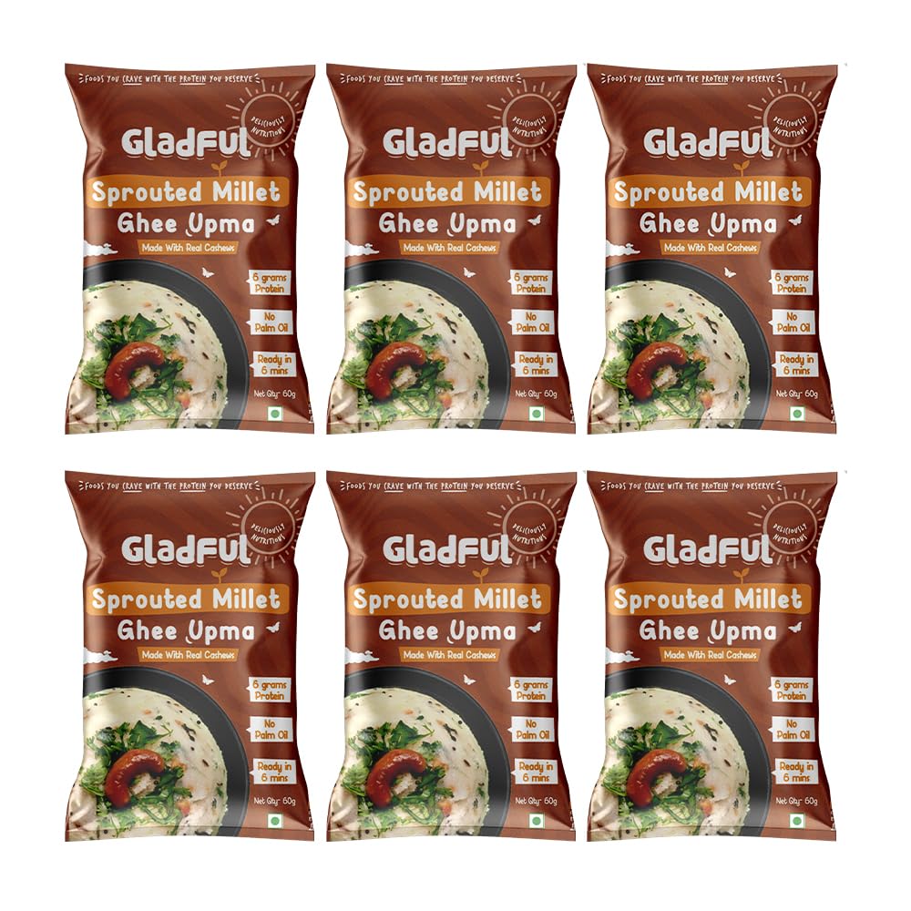 Sprouted Millet Instant Ghee Upma Mix - No Palm Oil, Trans Fat & Maida - Made with Jawar, Ragi and Suji/Rawa, Ghee & Cashew - Multigrain Protein Breakfast Healthy Snack - Pack of 6 (60g each)
