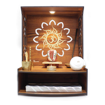 Mangal Beautiful Wooden Pooja Stand for Home, Temple, Office, Wall Mounted Puja Mandir with LED Spot Light, Size (H- 15.5, L- 11.5, W-11 Inch)