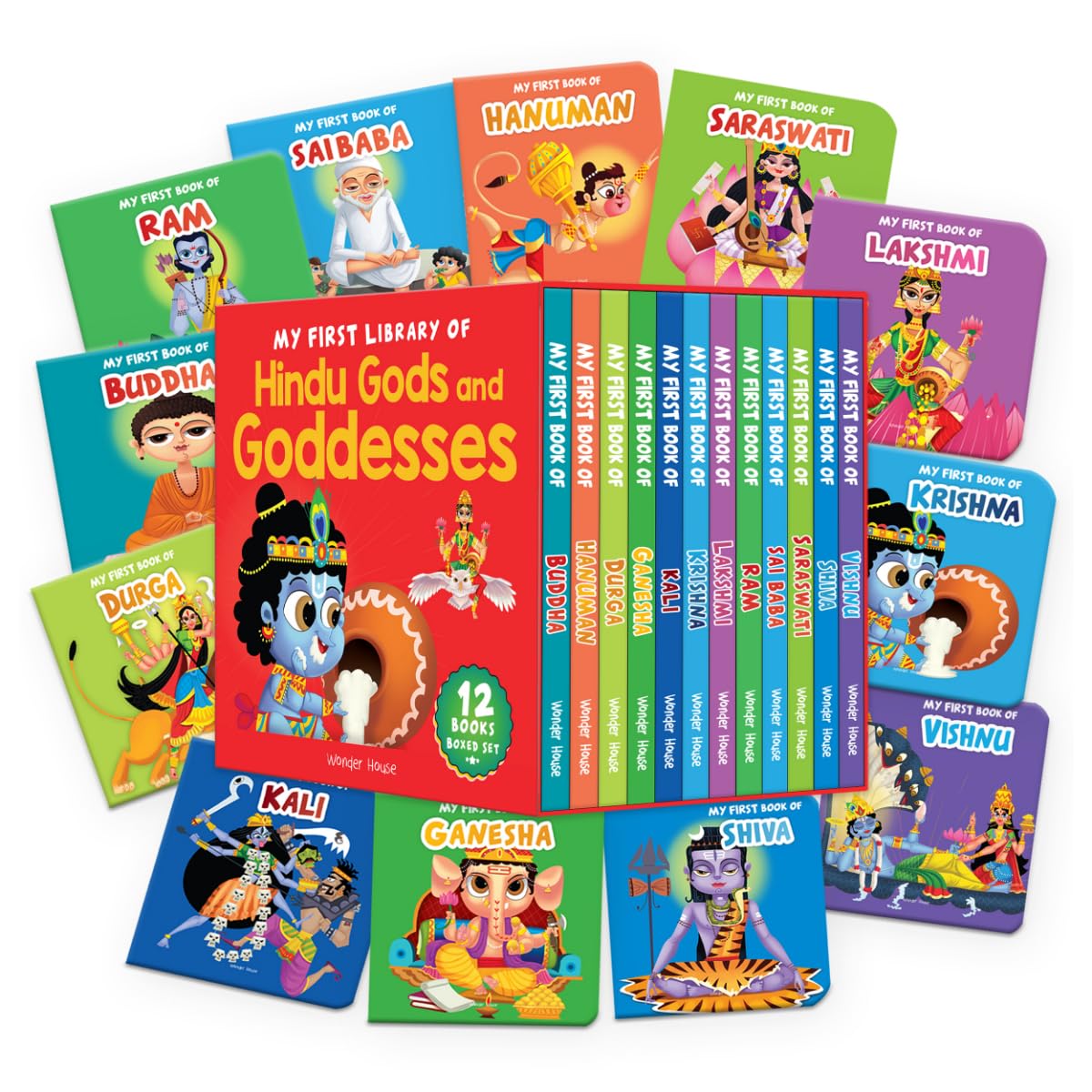 My First Library of Hindu Gods and Goddesses – Boxed Set of 12 Illustrated Board Books for Kids: Includes Ganesha, Krishna, Shiva, Vishnu, Lakshmi, Saraswati, Durga, Kali, Hanuman, Ram, Sai Baba & Buddha  | Ages 2–6 Years