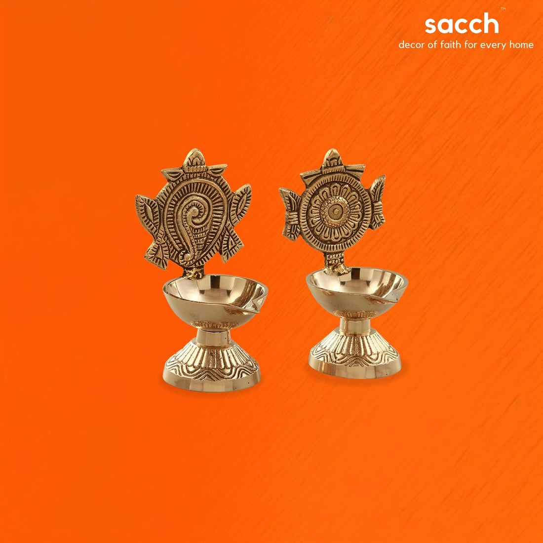 Brass Shankh & Chakra Diya Set for Pooja | Traditional Oil Lamps (Set of 2), 430gms, 11cms Height, Gold Finish.