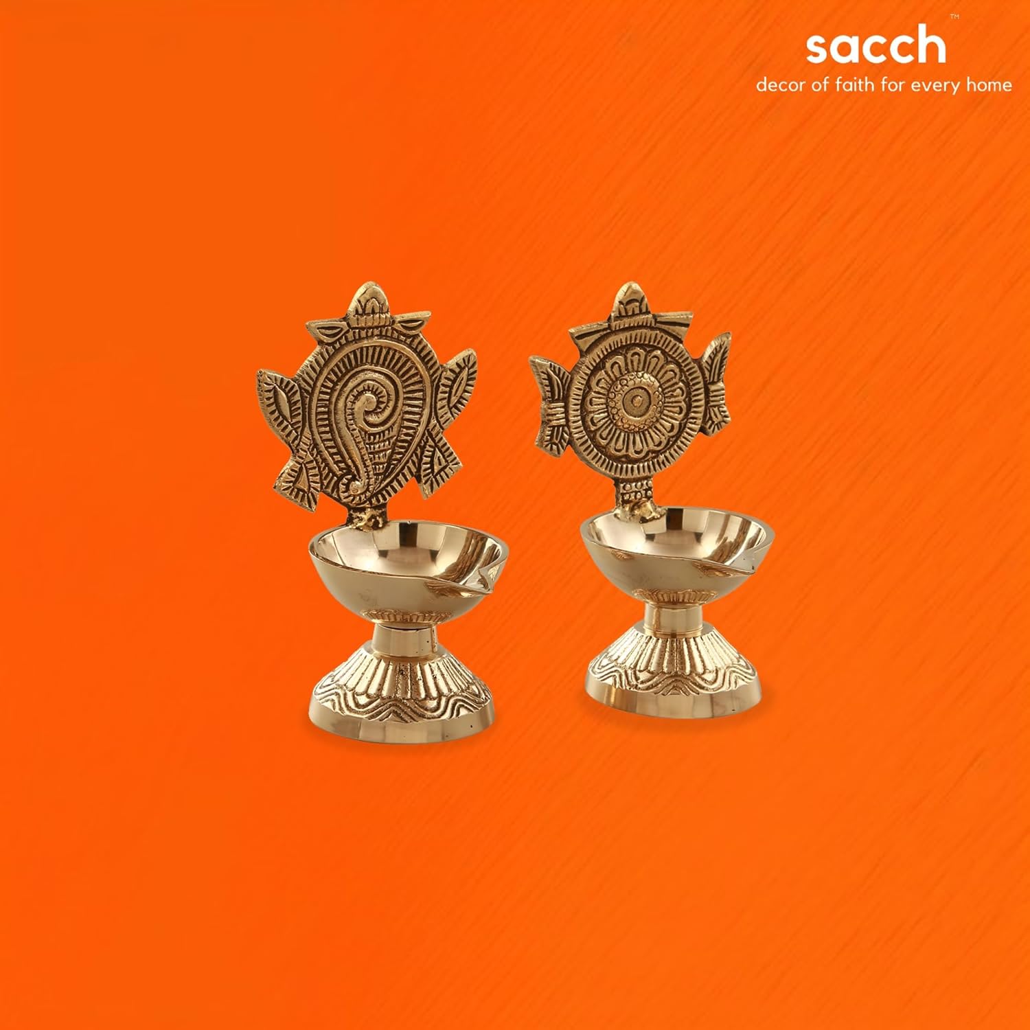 Brass Shankh & Chakra Diya Set for Pooja | Traditional Oil Lamps (Set of 2), 430gms, 11cms Height, Gold Finish.