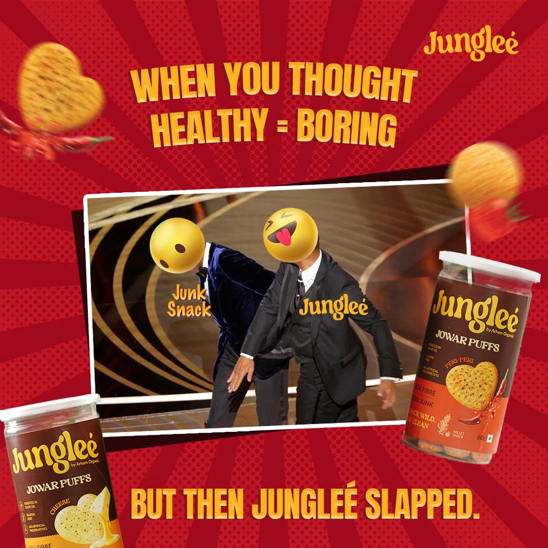 Jungleé Jowar Cheese Puffs 60g – Gluten-Free, High Fiber, Roasted with Olive Oil | No Palm Oil, No Preservatives | Healthy Crunchy Snack for Kids & Adults