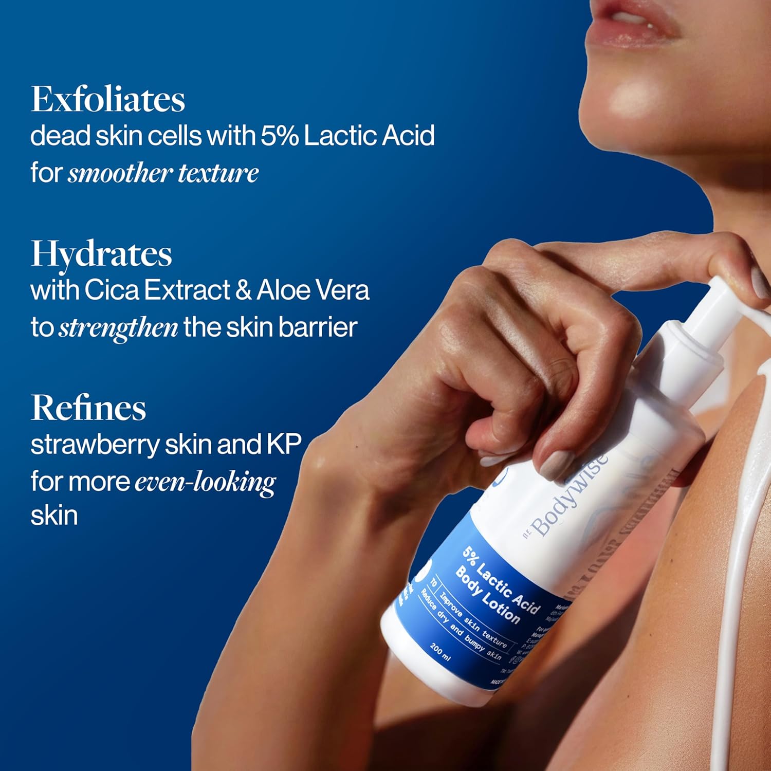Be Bodywise 5% AHA Lactic Acid Body Lotion with 48Hr Moisturisation 200ml | Dermatologically Tested | Improves Skin Texture & Reduces Appearance of Strawberry Legs | With Lactic Acid, Aloe Vera & Cica Extract