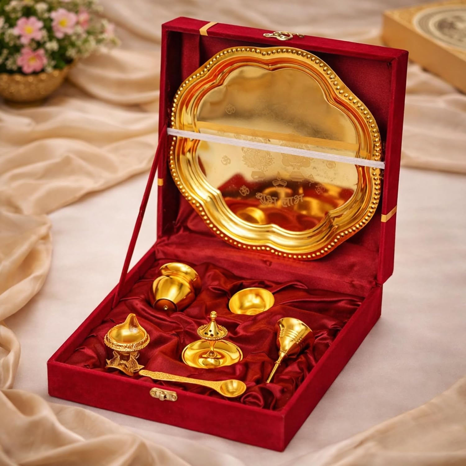 Premium Pooja Thali Set with Red Velvet Gift Box |7 Pieces Pooja Thali Set|Diwali, Wedding Return Gifts & Housewarming Gift Set,Ghanti Puja Arti Thali for Home Office Mandir (Gold)