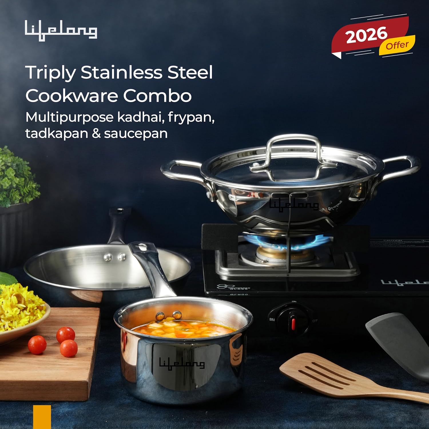 Triply 5 piece cookware set|Triply Kadai, Frypan, Saucepan & Tadka Pan for Cooking | 20cm Kadai (1.7L)& Fry Pan (1.2L) 20cm| 14cm Saucepan (1.2L) & Tadka Pan 10 Cm with Common Lid (LLTPDK009)|Induction and Gas Stove Compatible