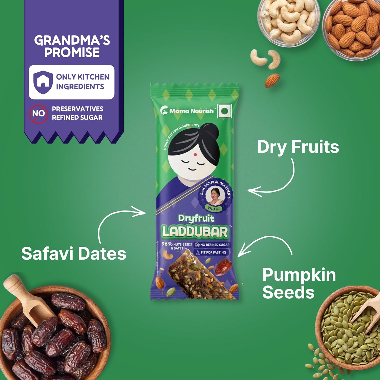 LADDUBAR Dryfruit Energy Bars | 10% Protein | 96% Dryfruits & Dates | Gluten Free | No Refined Sugar | Fasting Friendly | Mama Nourish | Pack of 1(5 Bars x 35g) | As Seen on Shark Tank India