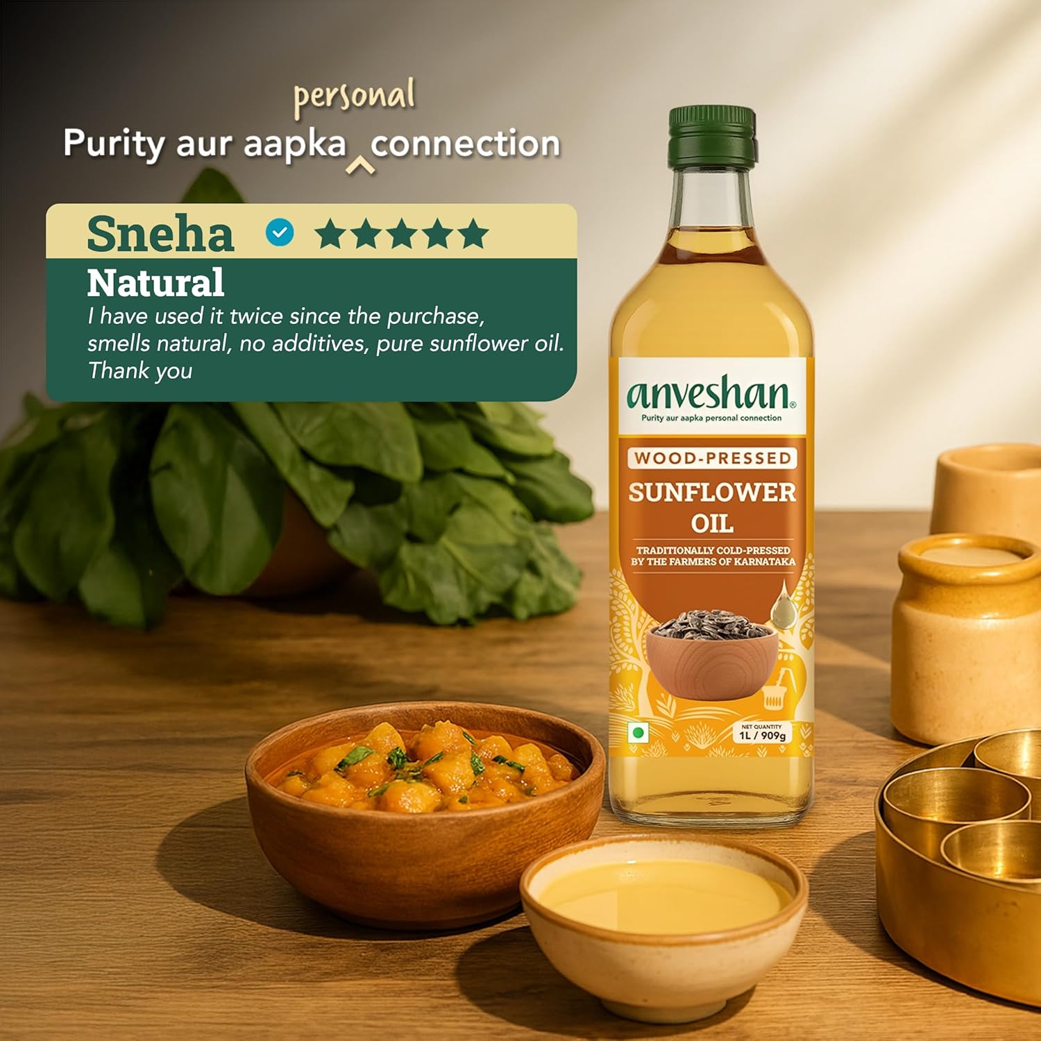 Wood Cold Pressed Sunflower Oil 1L | Plastic Bottle | Kolhu/Chekku | Extracted on Wooden Churner | Natural | Chemical-Free | Cold Pressed Sunflower Oil for Cooking