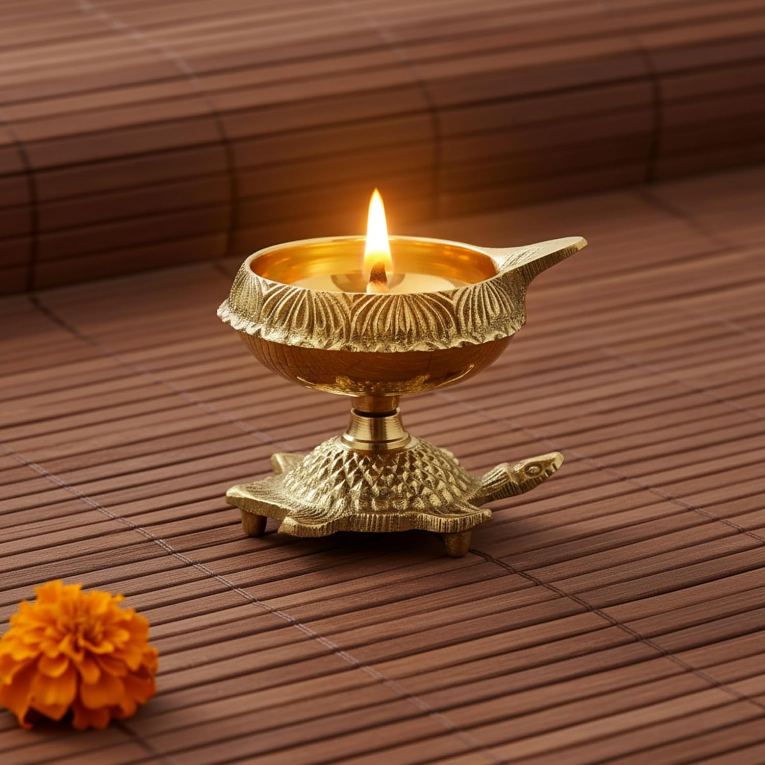 Brass Diya Oil Puja Lamp Engraved Design Dia with Turtle Base for Home Temple Pooja Articles Decor Gifts (1Pcs).