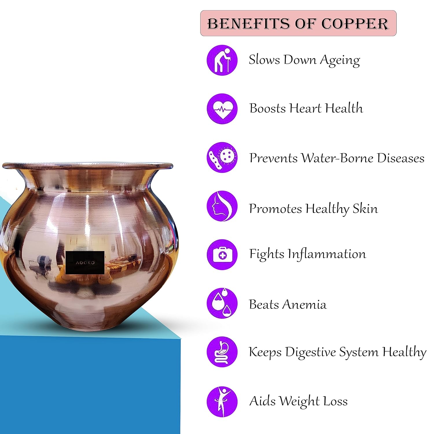 Pure Copper Kumkuma Kalash Handmade, Tamba Ka Lota for Puja, Yoga Aayurveda for Good Health Benefit - 450Ml