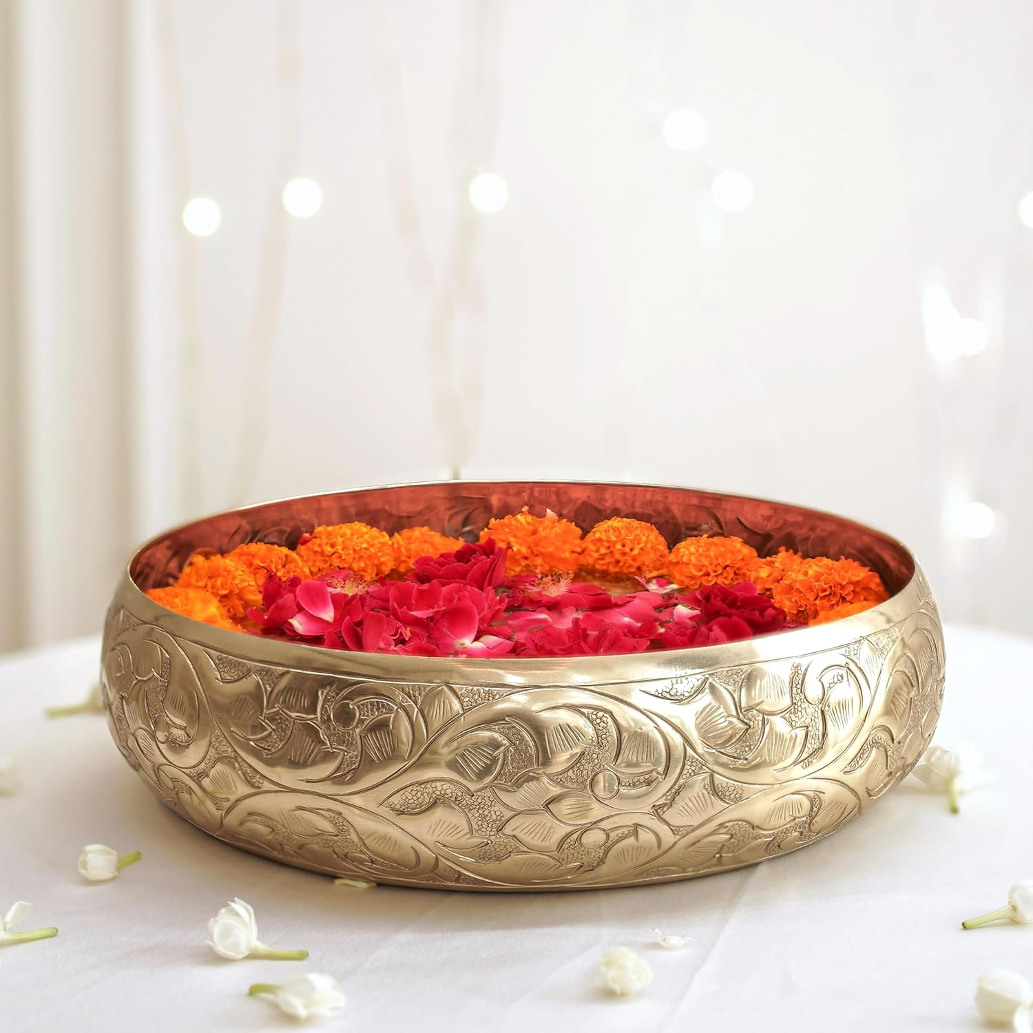 Golden Aluminium Chitai Design 10" inch Urli | Navratri Durga Puja Indoor Outdoor Center Table Flower Decorative Bowl | Urali for Haldi, Mehandi, Wedding & Home Decor, Brass Finish 1Pc, 2000 ml