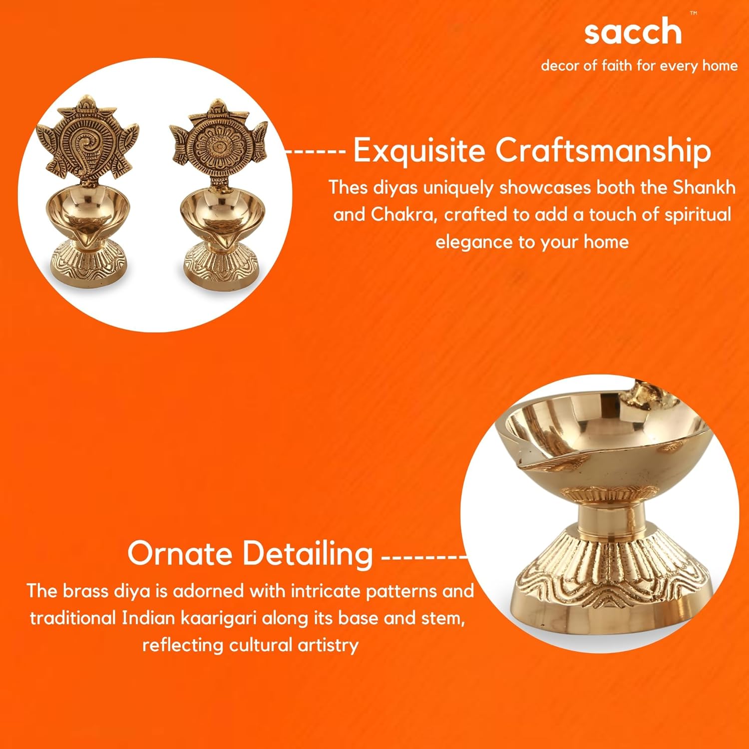 Brass Shankh & Chakra Diya Set for Pooja | Traditional Oil Lamps (Set of 2), 430gms, 11cms Height, Gold Finish.