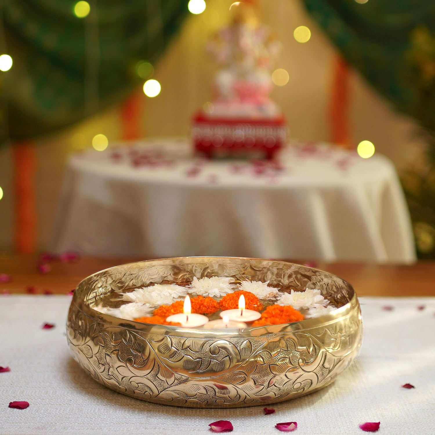 Golden Aluminium Chitai Design 10" inch Urli | Navratri Durga Puja Indoor Outdoor Center Table Flower Decorative Bowl | Urali for Haldi, Mehandi, Wedding & Home Decor, Brass Finish 1Pc, 2000 ml