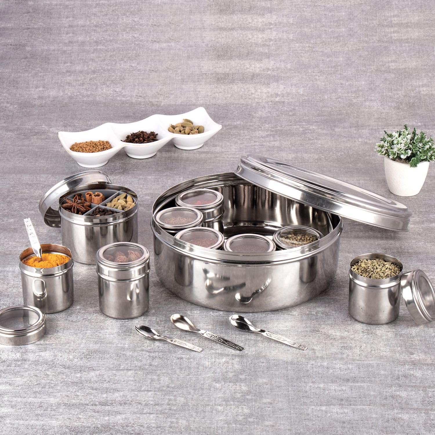 Stainless Steel 12 IN 1 Masala Box for Kitchen | Spice Box for Kitchen | Masala Container | Masala Dabba with individual See through lid 4 Spoons | Silver (2.5 Ltr | X-Large | 22.5cm)