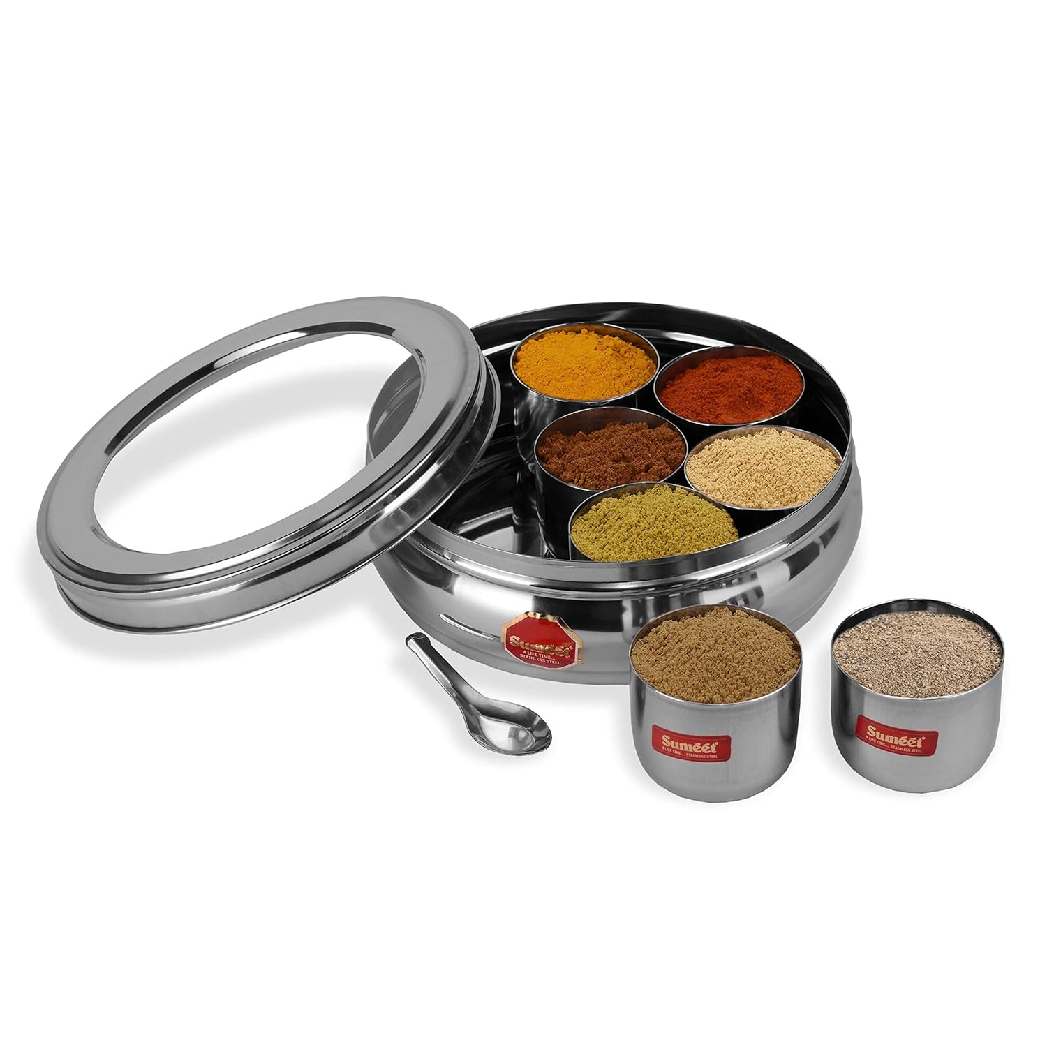 Stainless Steel Belly Shape Masala (Spice) Box/Dabba/Organiser With See Through Lid With 7 Containers And Small Spoon (Medium) Beige