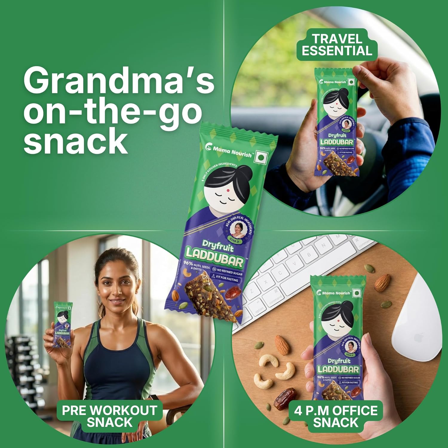 LADDUBAR Dryfruit Energy Bars | 10% Protein | 96% Dryfruits & Dates | Gluten Free | No Refined Sugar | Fasting Friendly | Mama Nourish | Pack of 1(5 Bars x 35g) | As Seen on Shark Tank India
