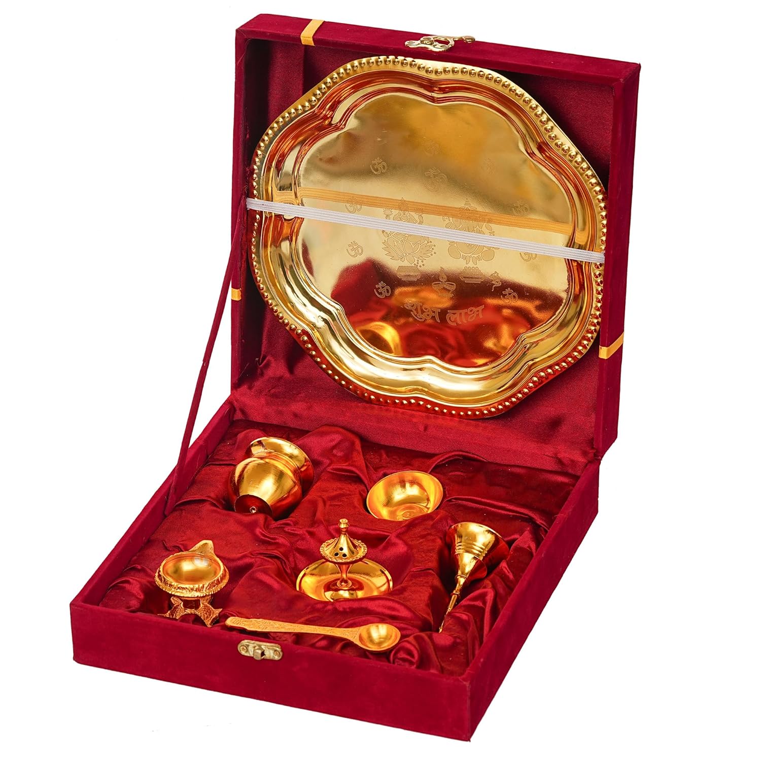 Premium Pooja Thali Set with Red Velvet Gift Box |7 Pieces Pooja Thali Set|Diwali, Wedding Return Gifts & Housewarming Gift Set,Ghanti Puja Arti Thali for Home Office Mandir (Gold)