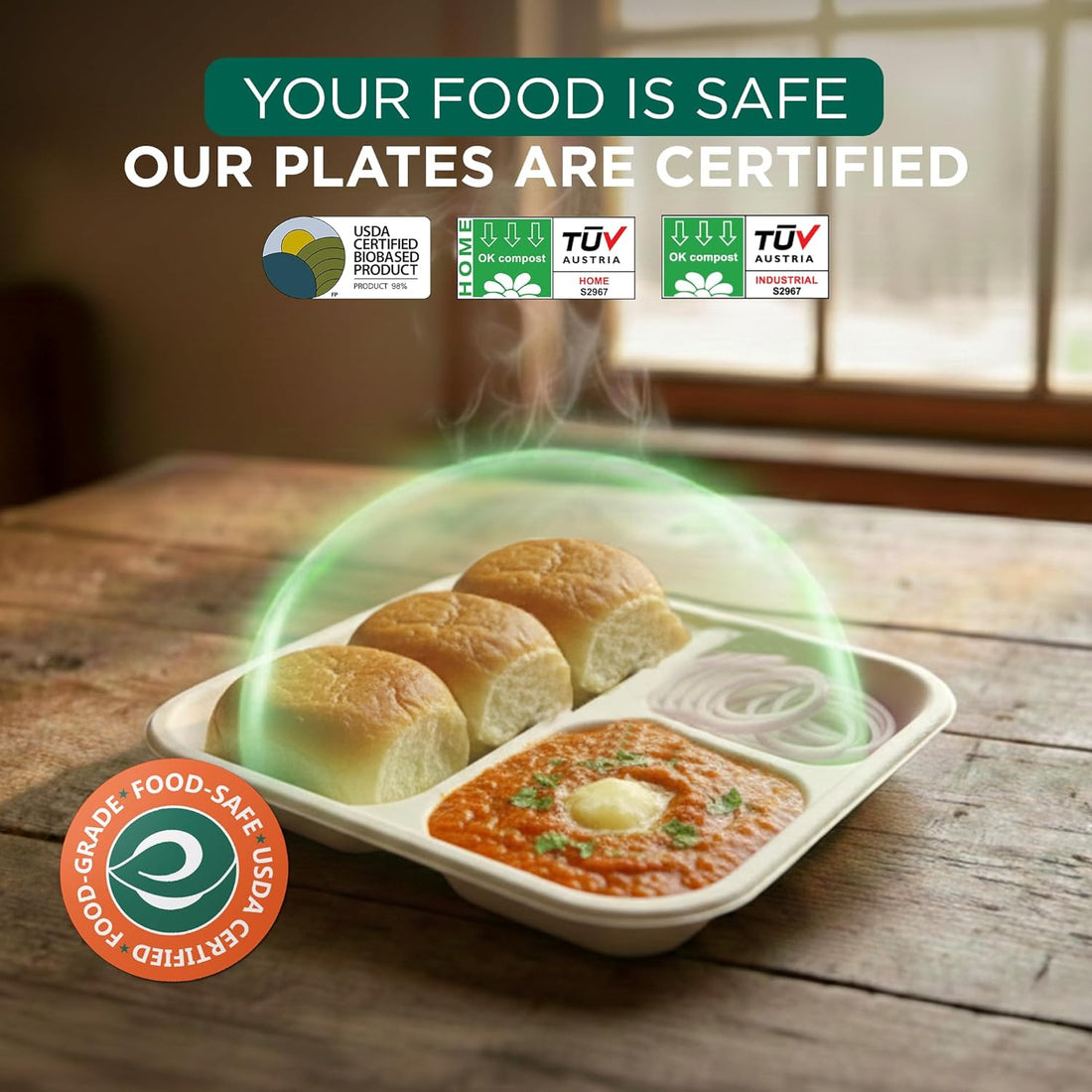 3 Compartment Bagasse Meal Tray | 9 Inch - Pack of 50 | Disposable Pooja Plates Big Size | Sturdy, Compostable & Heat-Safe | Perfect for Parties, Events & Buffets