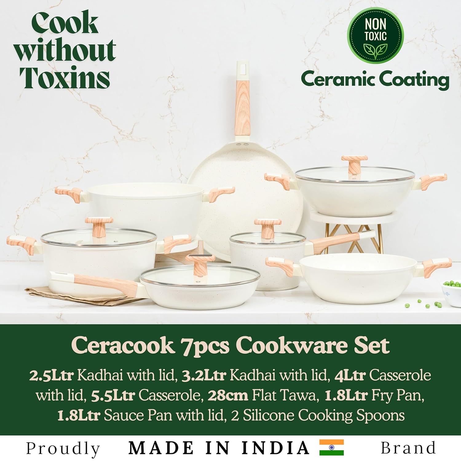 Ceracook Ceramic Coated Granite Cookware Gift Set Combo 7pcs with 2X Spatulas, ISI Certified, Forged Aluminium, Gas & Induction Use, Non Toxic PFAS & PTFE Free, 1 Year Warranty, Ivory
