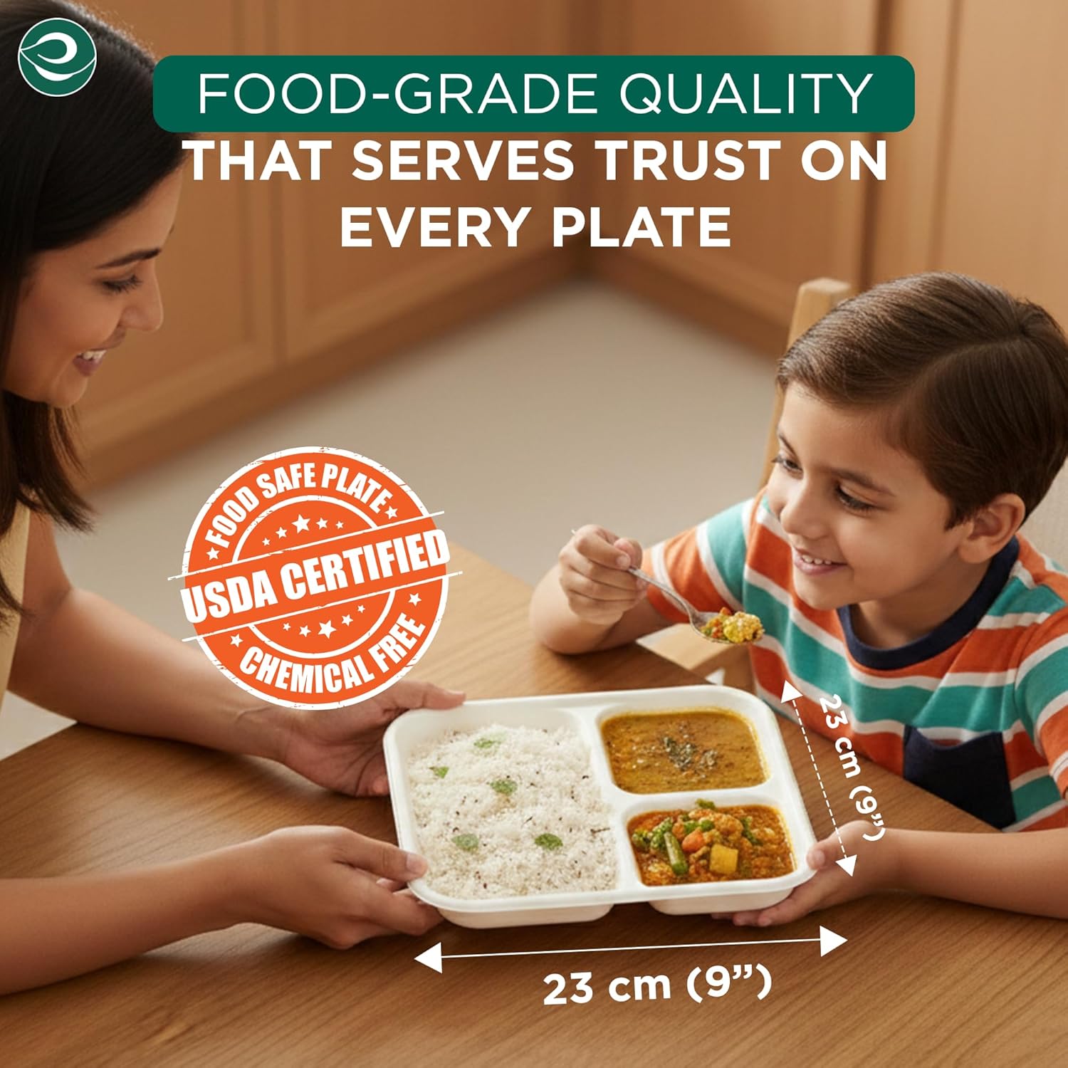 3 Compartment Bagasse Meal Tray | 9 Inch - Pack of 50 | Disposable Pooja Plates Big Size | Sturdy, Compostable & Heat-Safe | Perfect for Parties, Events & Buffets