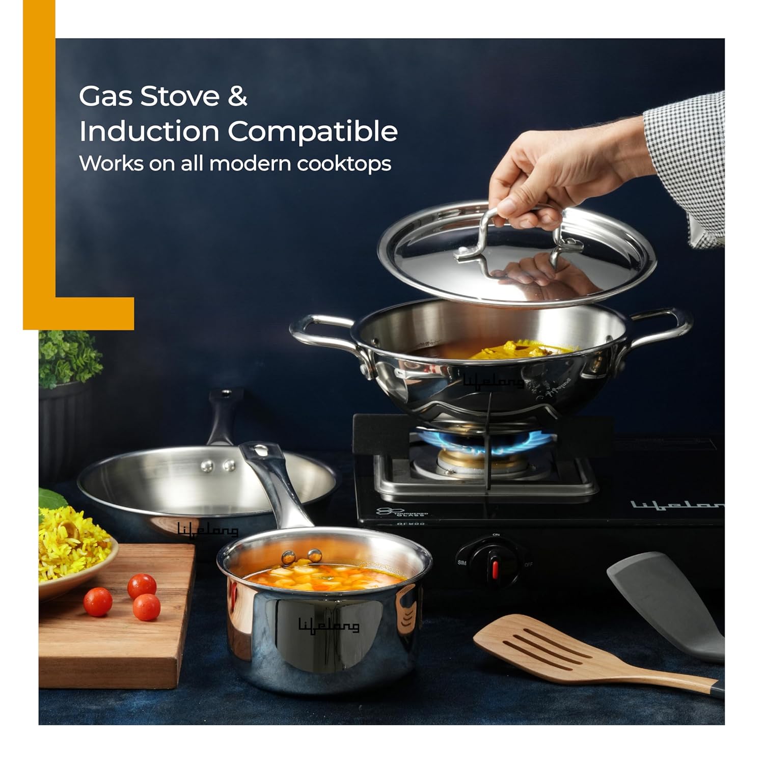 Triply 5 piece cookware set|Triply Kadai, Frypan, Saucepan & Tadka Pan for Cooking | 20cm Kadai (1.7L)& Fry Pan (1.2L) 20cm| 14cm Saucepan (1.2L) & Tadka Pan 10 Cm with Common Lid (LLTPDK009)|Induction and Gas Stove Compatible