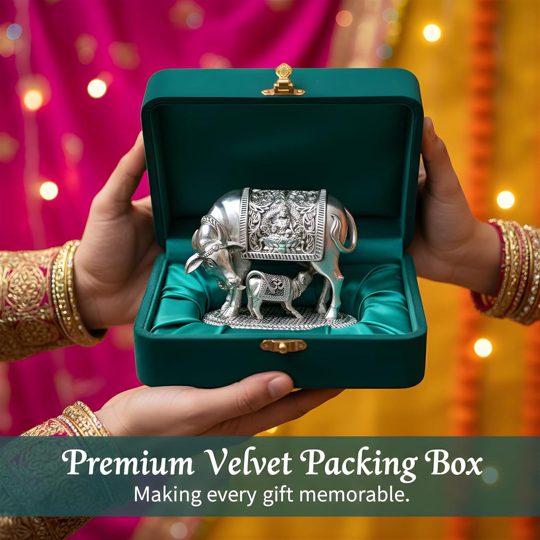 999 Pure Silver Plated Kamdhenu Cow Idol | 2.5 inch Vastu Home Decor for Pooja Room & Mandir | Symbol of Prosperity & Abundance | Ideal Religious & Spiritual Gift