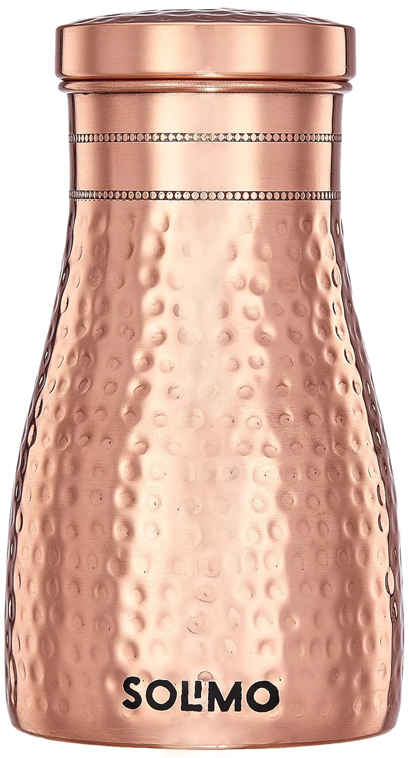 Copper Water Pot | Bedside Pot with Glass | Hammered Finish |950 ml