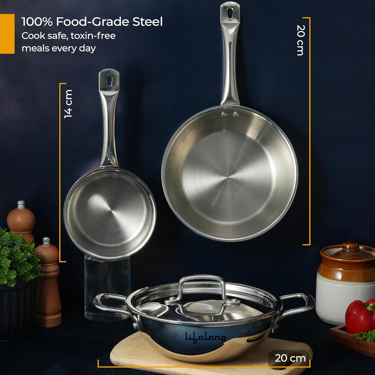 Triply 5 piece cookware set|Triply Kadai, Frypan, Saucepan & Tadka Pan for Cooking | 20cm Kadai (1.7L)& Fry Pan (1.2L) 20cm| 14cm Saucepan (1.2L) & Tadka Pan 10 Cm with Common Lid (LLTPDK009)|Induction and Gas Stove Compatible